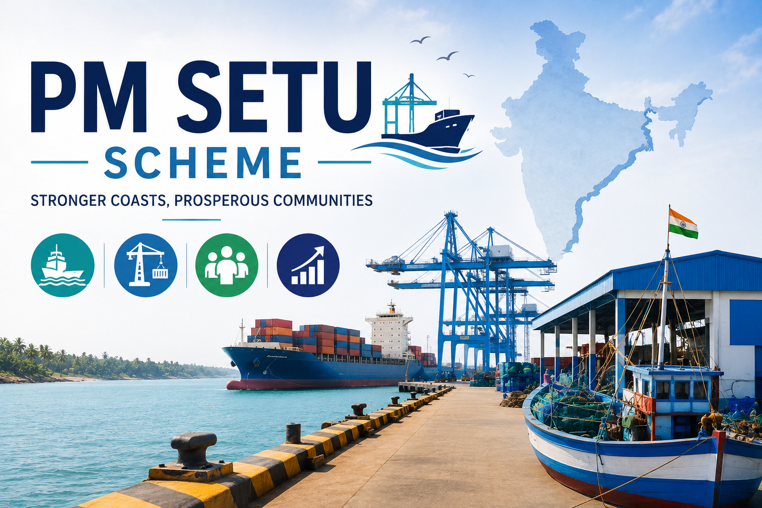 Illustration of the PM SETU Scheme featuring a fishing harbour, cargo ship, coastal infrastructure, and a map of India.