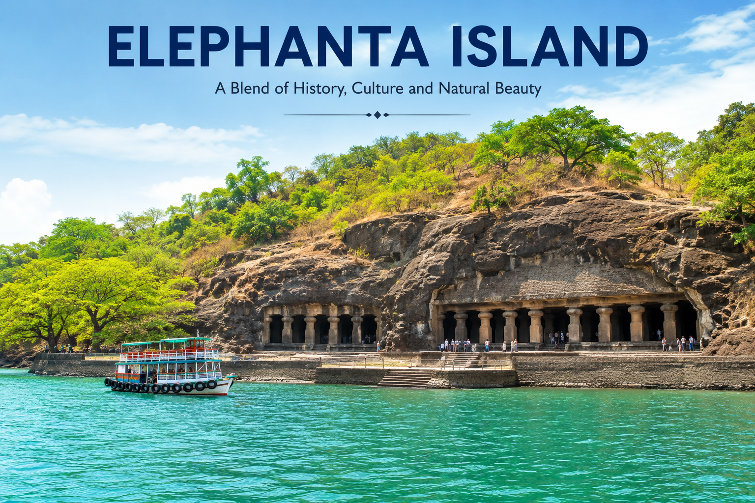 Panoramic view of Elephanta Island with the historic rock-cut caves, lush greenery, a ferry on Mumbai Harbour, and a clear blue sky.