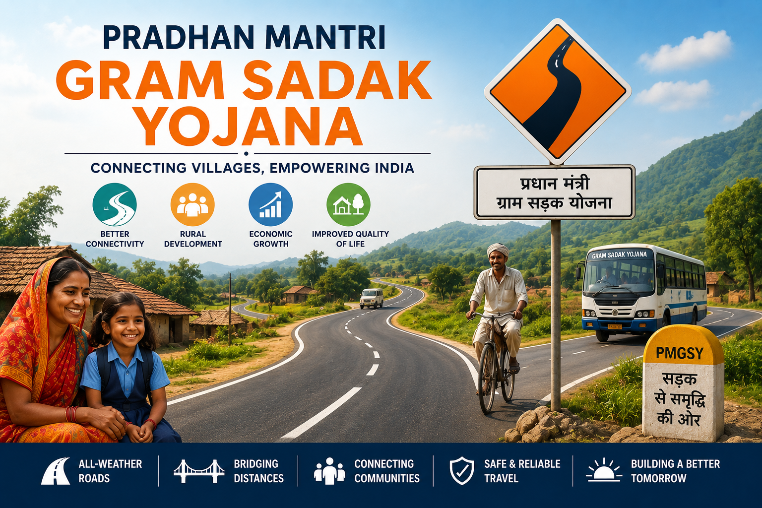 Illustration of Pradhan Mantri Gram Sadak Yojana (PMGSY) featuring rural roads, villages, public transport, and improved connectivity in India.