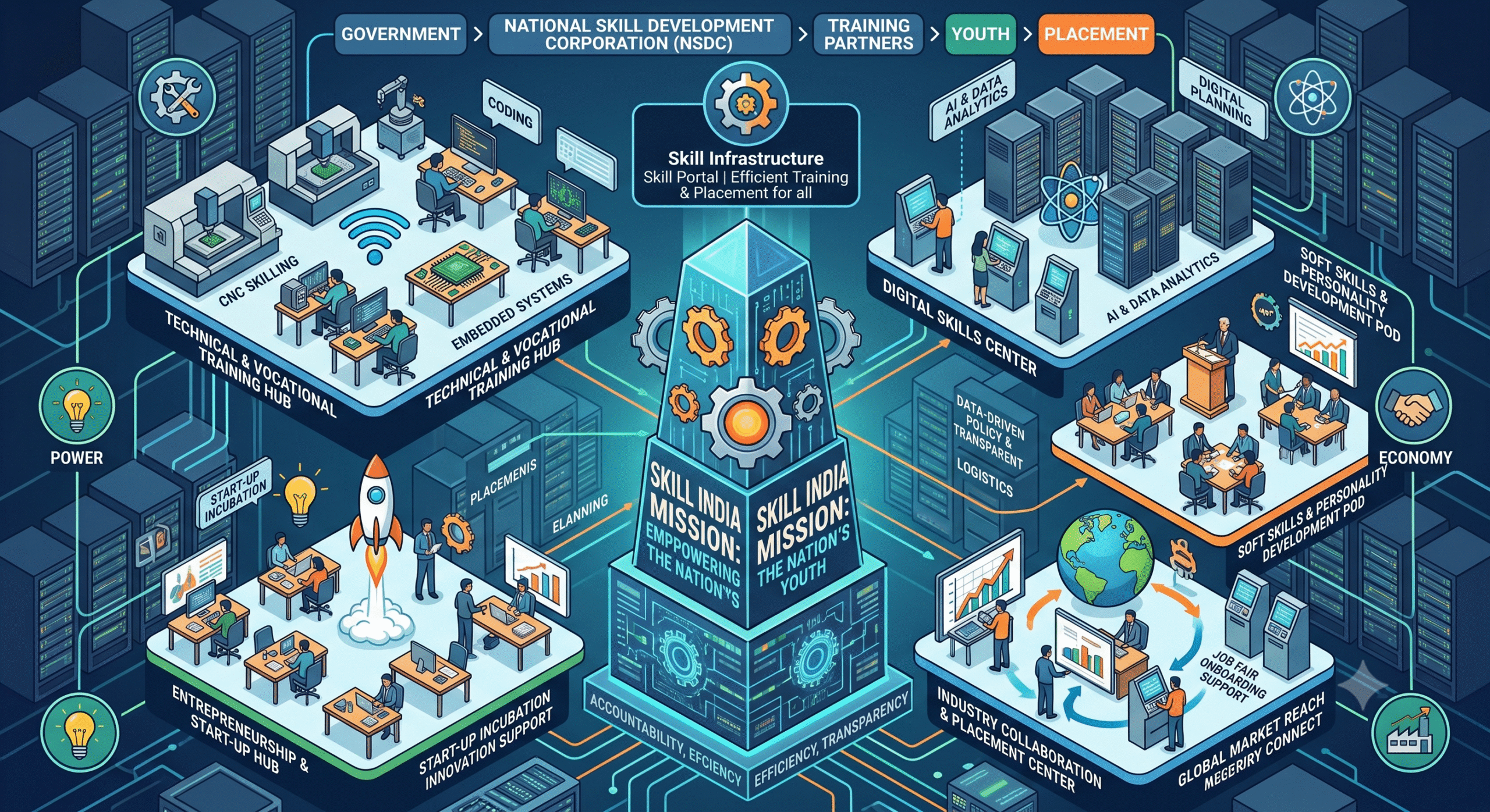Skill India Mission illustration showing digital skill development, vocational training, and workforce development in India.