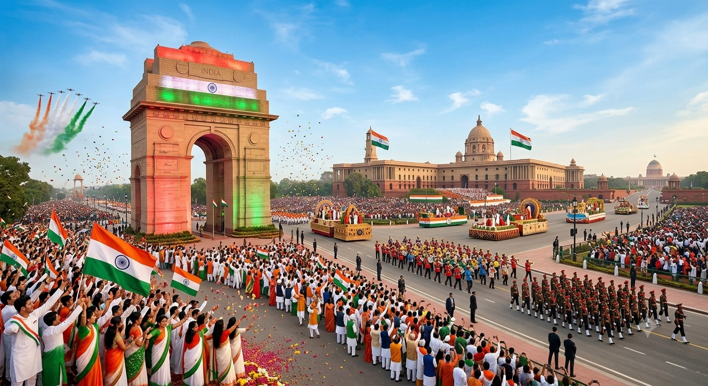 Vibrant wide-angle view of India’s Independence Day parade at Kartavya Path in New Delhi, featuring the India Gate lit up in tricolor, crowds waving the Indian flag, marching military contingent, cultural floats, and jet flypasts leaving saffron, white, and green smoke trails.