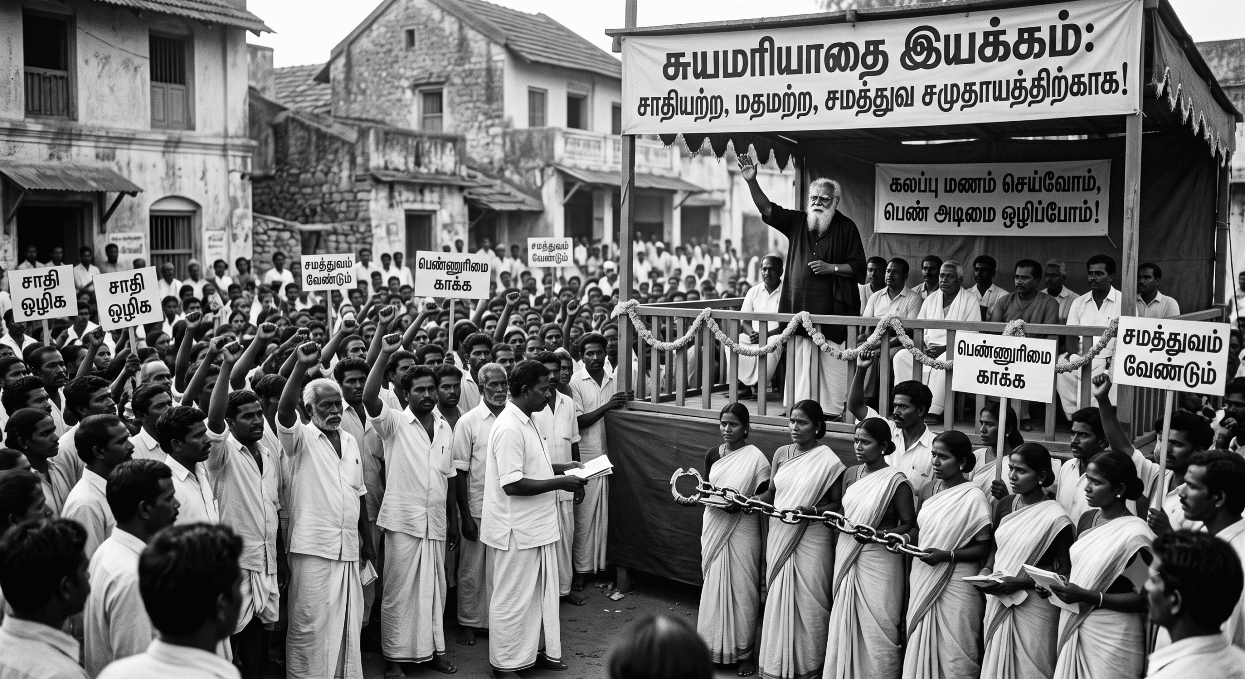Historic black-and-white style photo illustration of a Self-Respect Movement rally in Tamil Nadu, showing Periyar E.V. Ramasamy addressing a large, passionate crowd from a wooden podium with Tamil banners advocating for a casteless society and women's rights.
