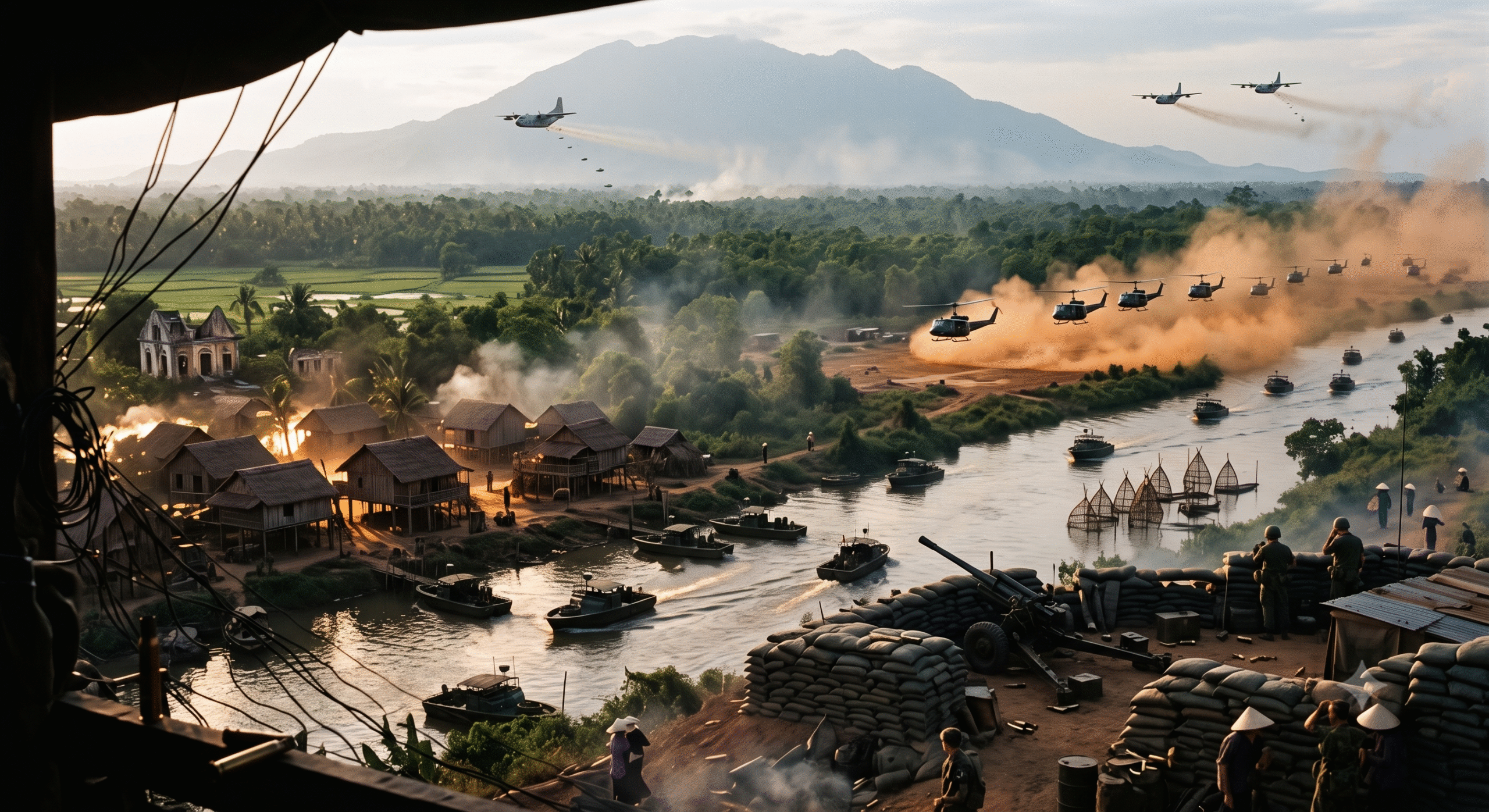 Cinematic wide shot of the Vietnam War landscape, depicting a river delta with military patrol boats navigating past a local village, sandbag fortifications with soldiers in the foreground, and a fleet of UH-1 Huey helicopters flying low over the jungle against a mountain backdrop.