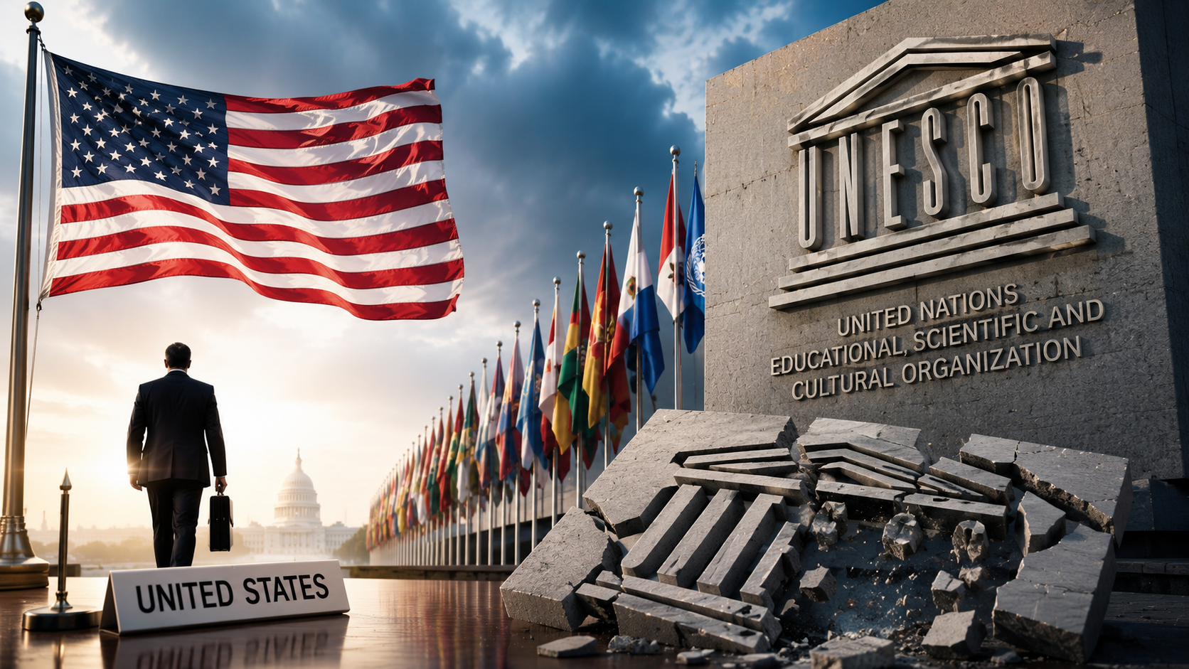 US withdrawal from UNESCO illustrated with the UNESCO headquarters and the American flag.