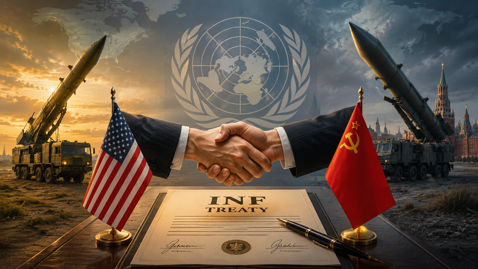 INF Treaty featured image showing intermediate-range missiles, diplomatic handshake, and arms control agreement