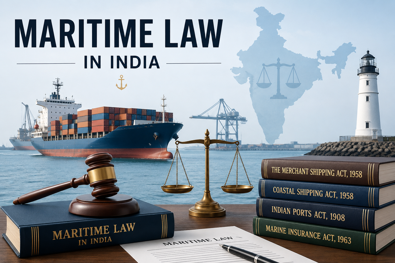 Illustration of Maritime Law in India featuring a cargo ship, port, lighthouse, map of India, and scales of justice.