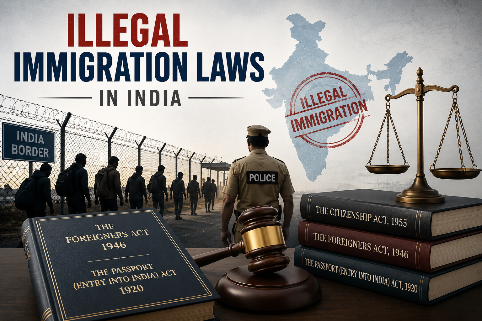 Illustration of Illegal Immigration Laws in India featuring a border fence, security personnel, map of India, scales of justice, and law books.