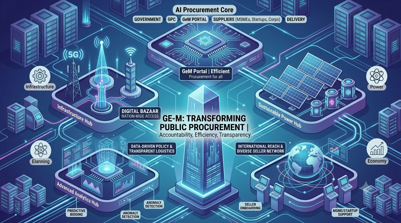 Blue and purple isometric digital infographic illustrating the Government e-Marketplace ecosystem, featuring interconnected hubs for AI procurement core, digital bazaar, infrastructure, analytics, and sustainable power.