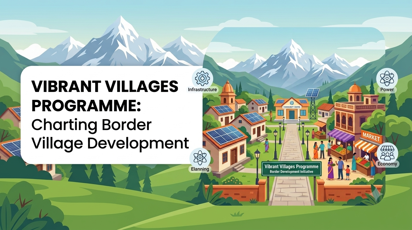 Editorial featured image for the Vibrant Villages Programme, illustrating a developed Himalayan border village with solar panels on houses, clean infrastructure, a bustling market area, and icons for infrastructure, planning, power, and economy.