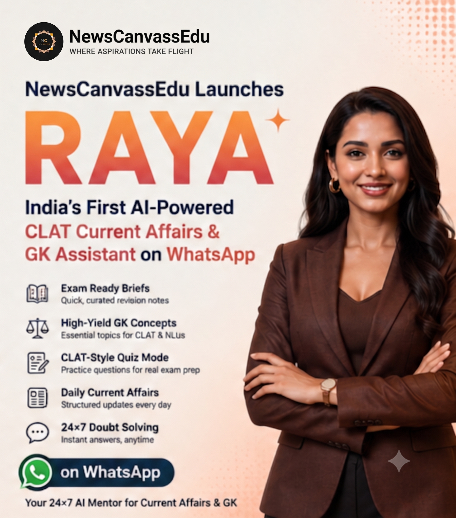 NewsCanvassEdu Launches RAYA | India’s First AI-Powered CLAT Current Affairs & GK Assistant on WhatsApp